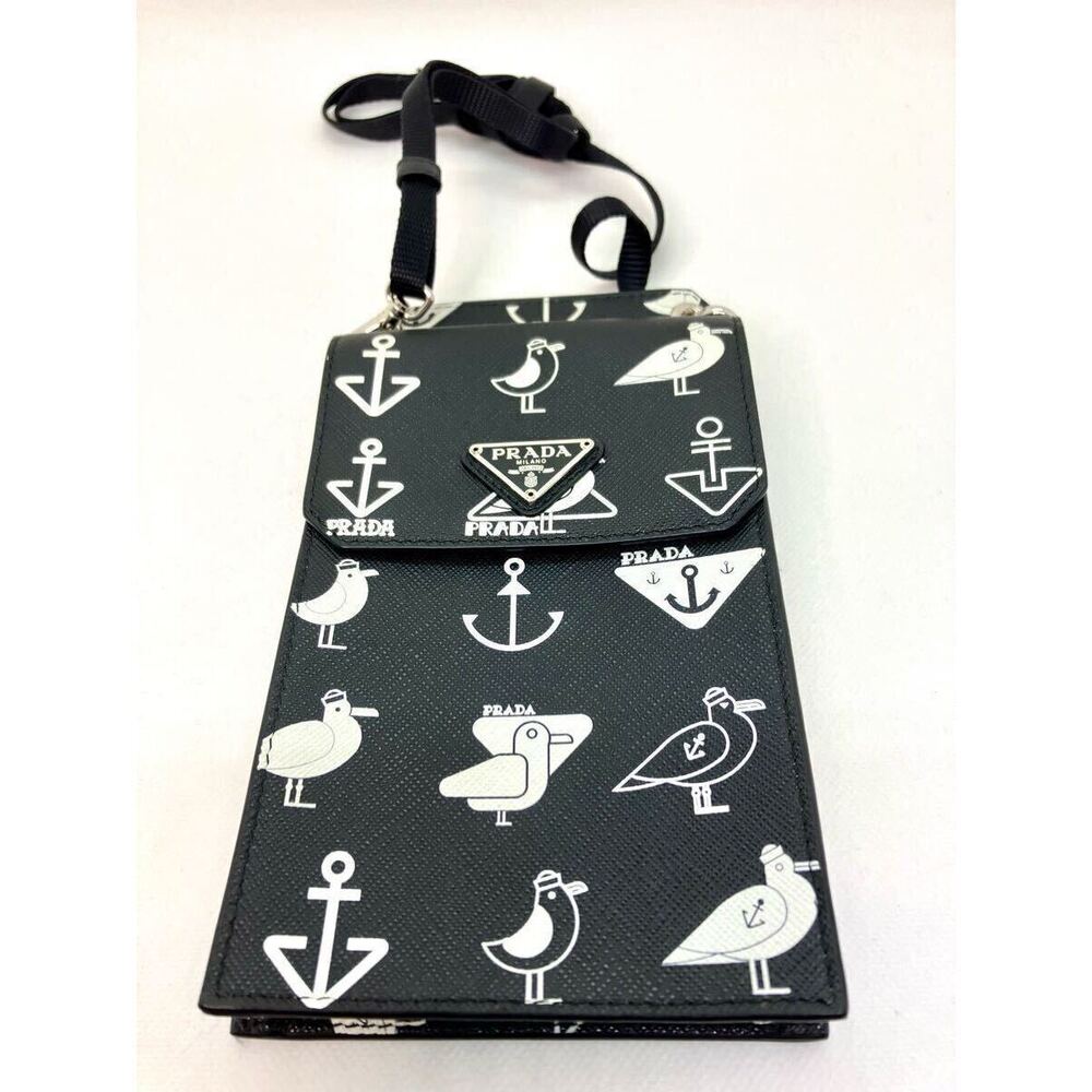 PRADA SmartphHobo Bag Sacoche Seagull Anchor Leather Saffiano Black